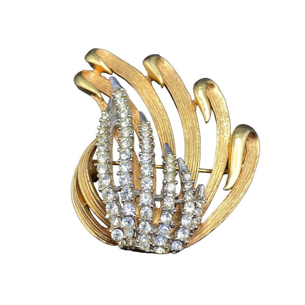 Vintage Gold Tone Rhinestone Floral Wispy Pin Brooch Strongclasp